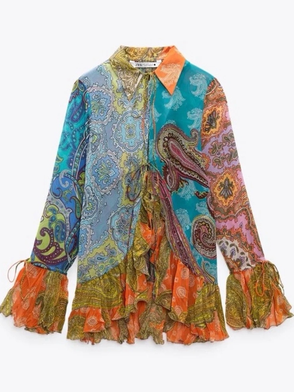 Zara Paisley Print Ruffle Blouse Boho Bell Sleeve Sheer Top Women Size S - Picture 5 of 12